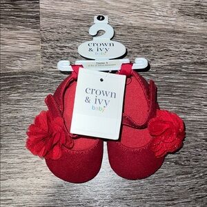 NWT Crown & Ivy Sparkly Red Baby Shoes (Size 1) with Floral Accent